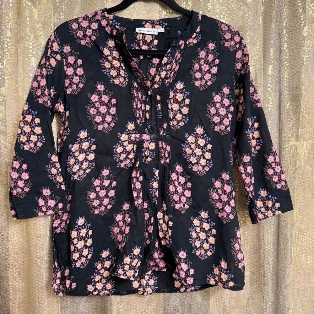 Roller Rabbit Black Pink Floral Garden Boho Cotton Button Front Blouse XS